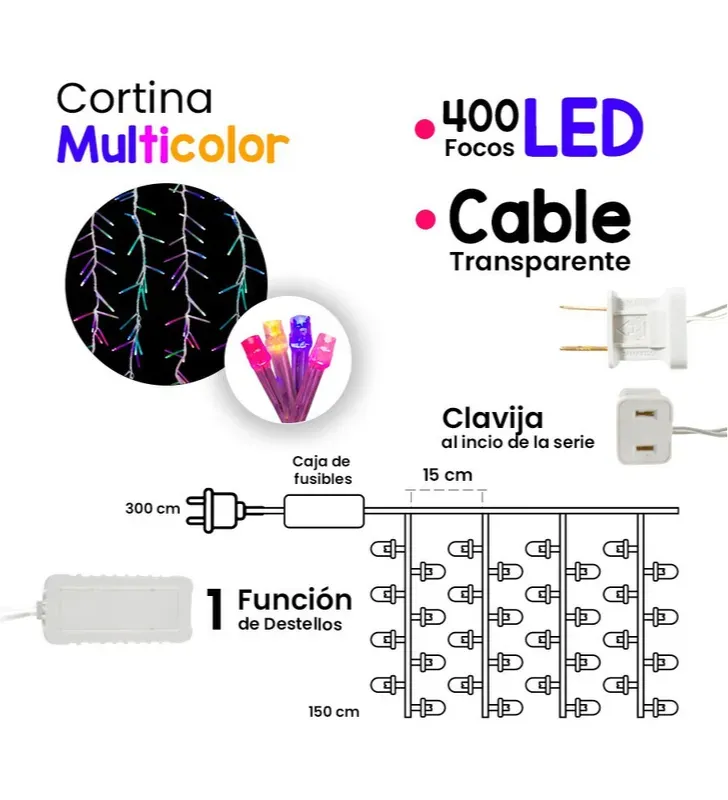 Cortina 400 LED Multicolor con Flash 3x1.5m Cable Transparente L573116 | Navicolors