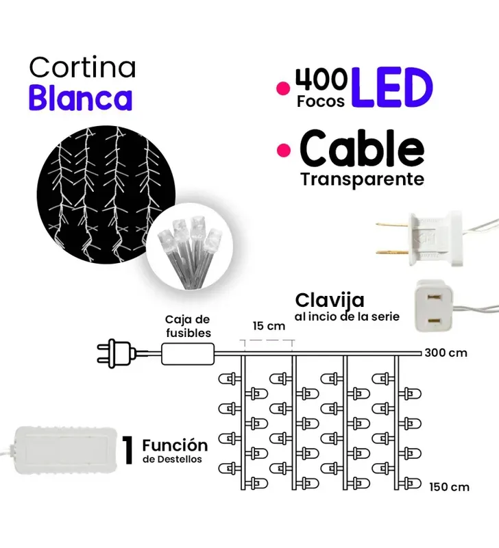 Cortina 400 LED Blanca Fría con Flash 3x1.5m Cable Transparente L573117 | Navicolors