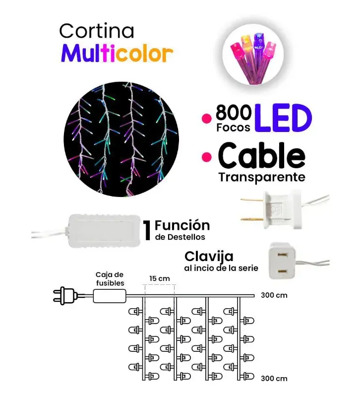 Cortina 800 LED Multicolor con Flash 3x3m Cable Transparente L573119 | Navicolors