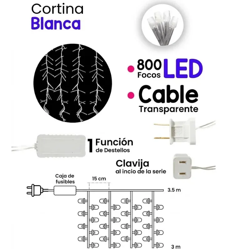 Cortina 800 LED Blanca Fría con Flash 3x3m Cable Transparente L573120 | Navicolors