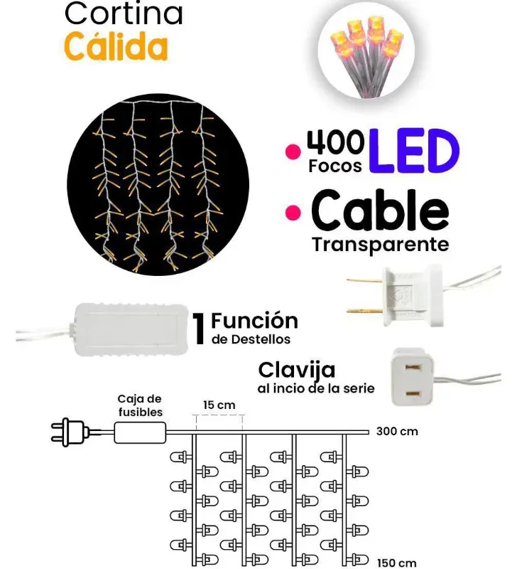 Cortina 400 LED Luz Cálida con Destellos 3x1.5m Cable Transparente L573118 | Navicolors
