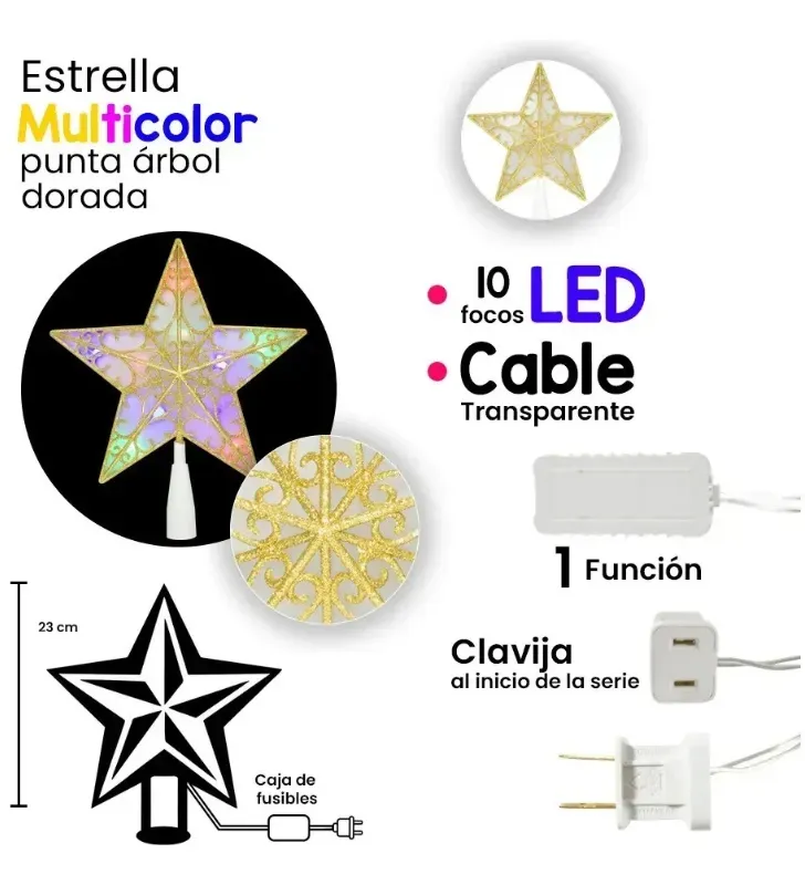 Estrella Punta de Árbol Dorada 10 LED Luz Multicolor 23cm L573147 | Navicolors