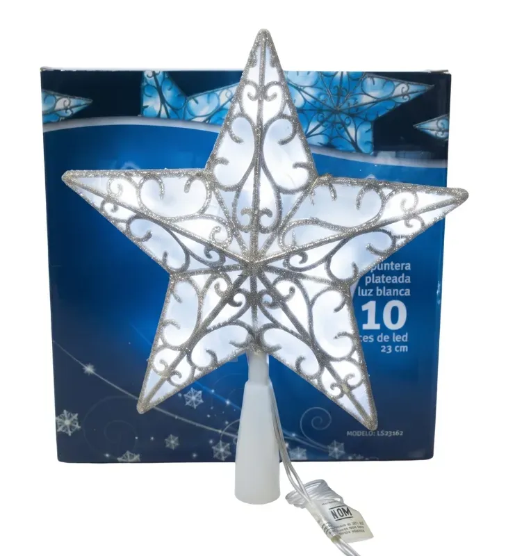 Estrella Punta de Árbol Plateada 10 LED Luz Blanca 23cm L573162 | Navicolors