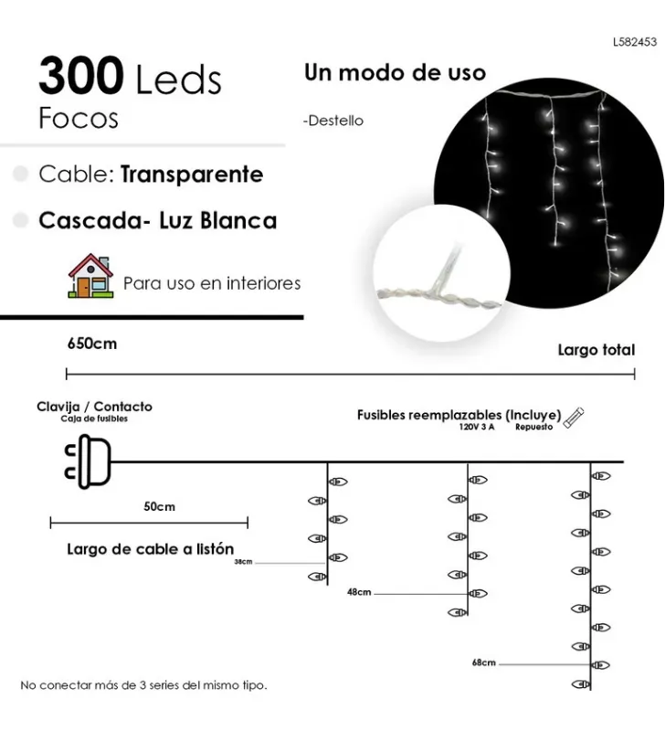 Cascada 300 LED Luz Blanca con Destellos 6m Cable Transparente L582453 | Navicolors