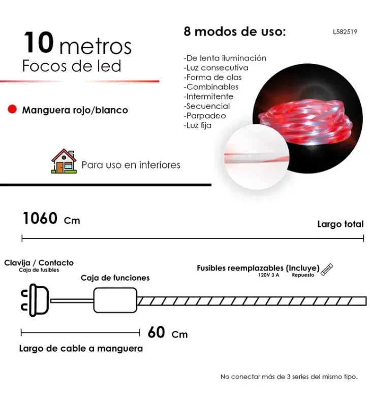 Manguera LED Navideña 10m Tipo Caramelo Rojo/Blanco L582519 | Navicolors