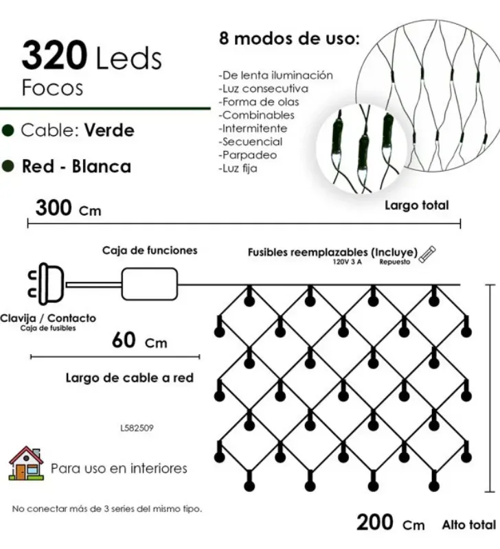 Red 320 LED Luz Blanca Cable Verde 2.40m x 2m L582509 | Navicolors