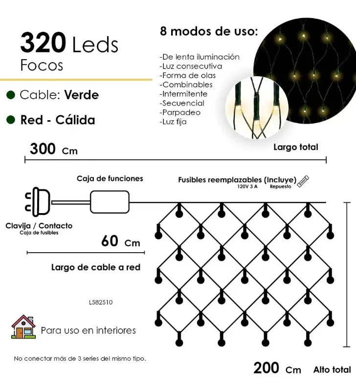 Red 320 LED Luz Cálida Cable Verde 2.40m x 2m L582510 | Navicolors