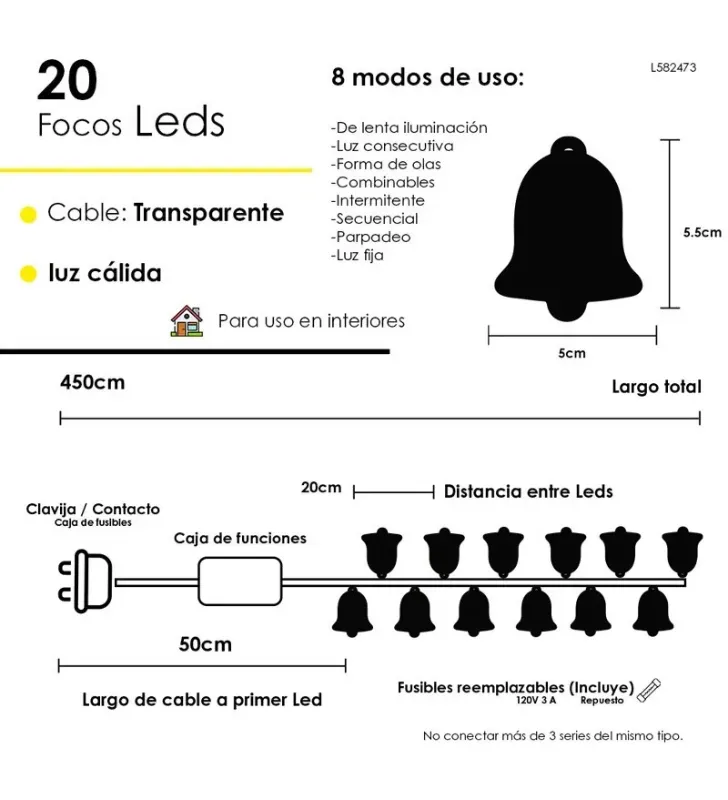 Serie 20 LED Campanas Navideñas Luz Cálida 4.5m L582473 | Navicolors