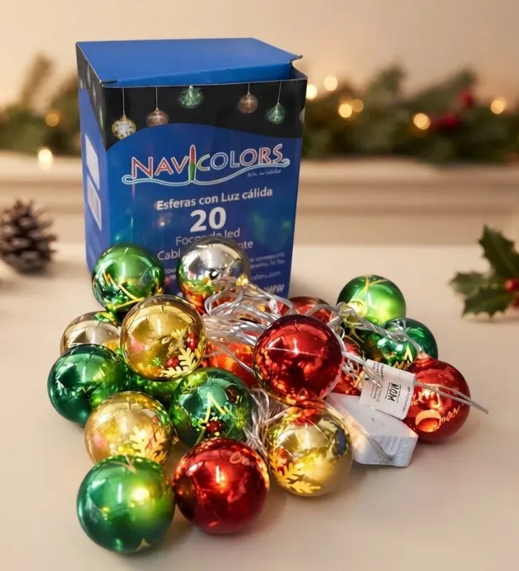 Serie 20 Esferas Navideñas Luz Cálida Verde Rojo Dorado 4m L582476 | Navicolors