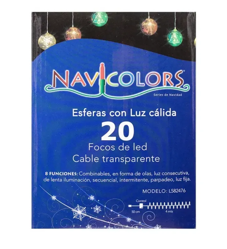 Serie 20 Esferas Navideñas Luz Cálida Verde Rojo Dorado 4m L582476 | Navicolors