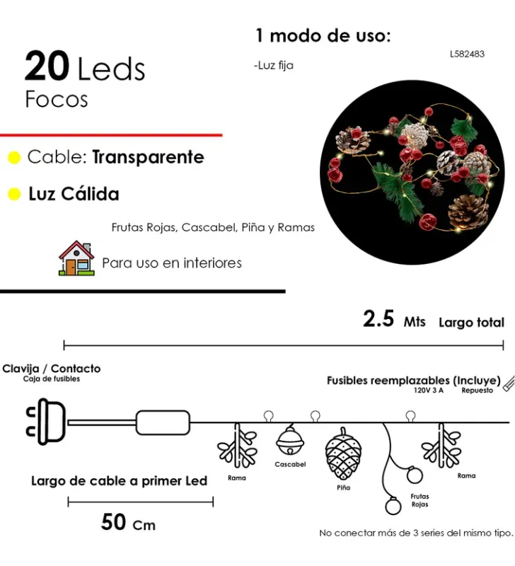 Guía 20 LED Luz Cálida Fruta Roja y Piñas 2.5m L582483 | Navicolors