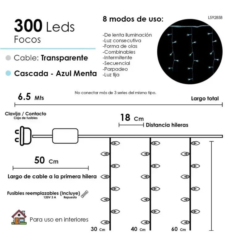 Cascada 300 LED Azul Menta Cable Transparente 6.5m L592858 | Navicolors