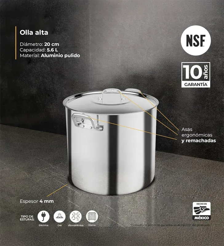 Olla Vasconia Pro Alta Recta 20 cm 6 L Aluminio Acorazado