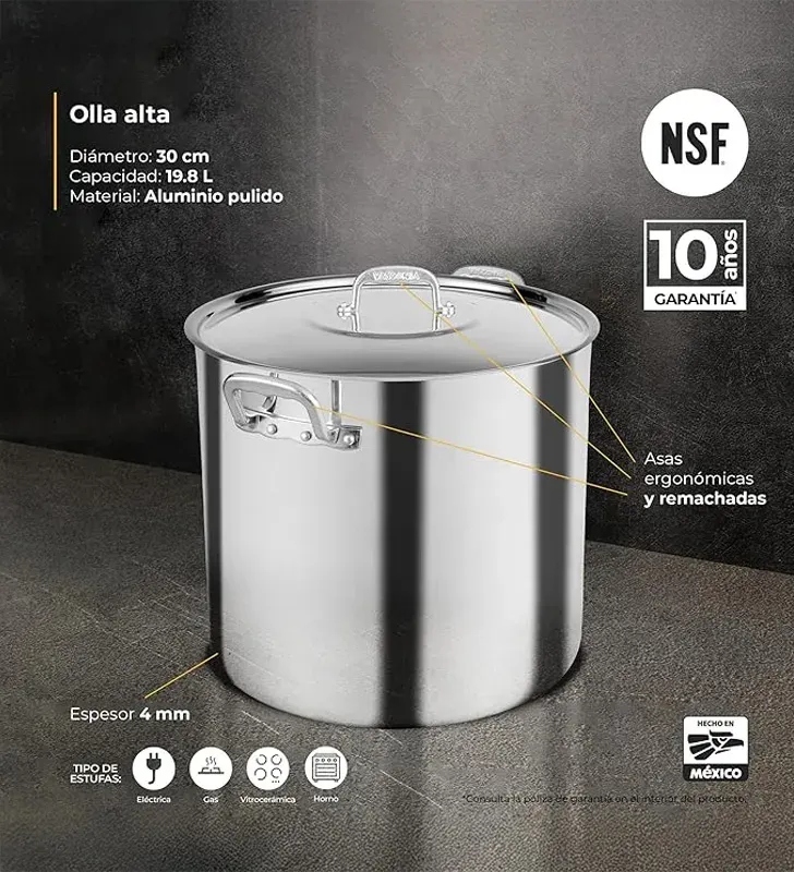 Olla Vasconia Profesional Acorazada 30 cm 20 L Aluminio 4 mm NSF