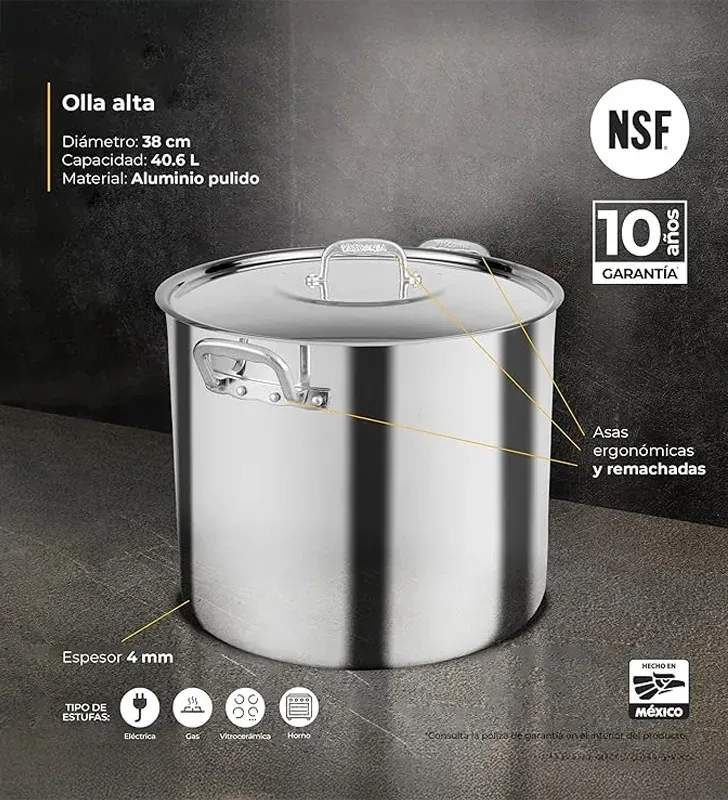 Olla Vasconia 38 cm 41 L Aluminio Acorazado 4 mm Certificada NSF