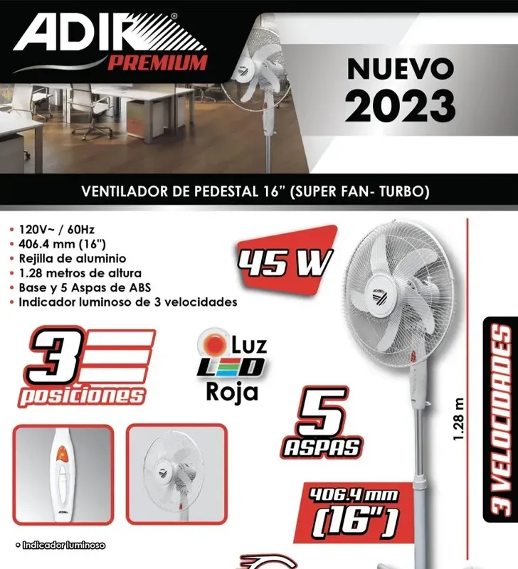 Ventilador Pedestal ADIR Super Fan Turbo 16″ 5 aspas Blanco