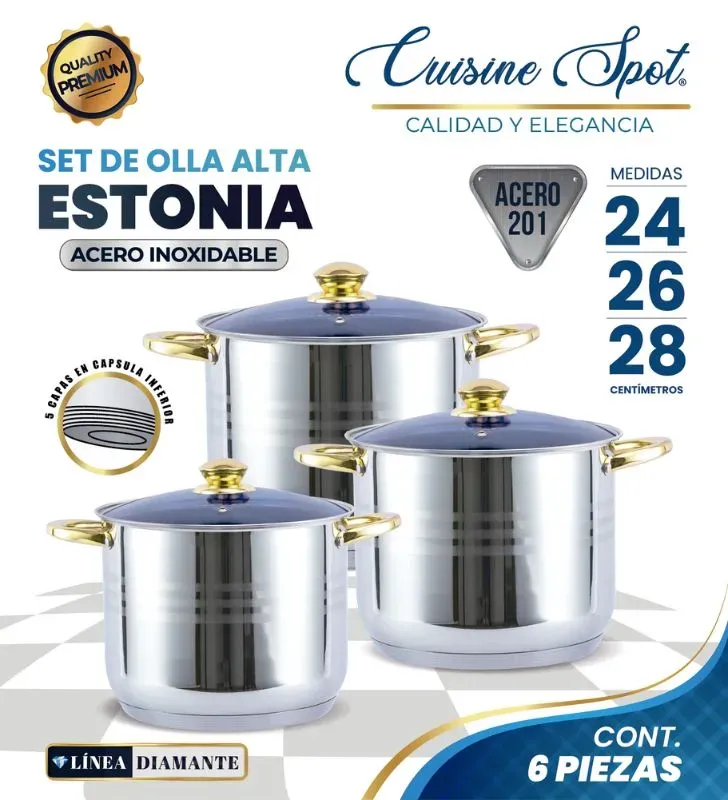 Set Ollas Estonia 24‑28 cm Acero 201 5 capas Línea Diamante