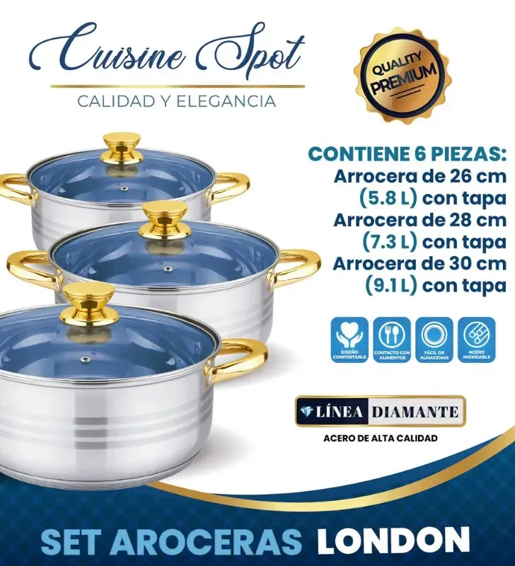 Set Arroceras London 26‑30 cm Acero Inox 5.8‑9.1 L Cuisine Spot
