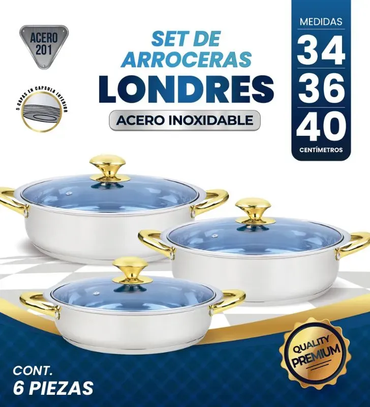 Set Arrocera Londres 34‑40 cm Acero Inox 201 5 Capas Cuisine Spot