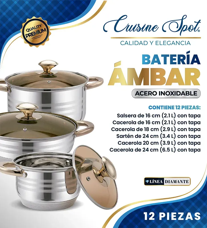 Batería Acero Inoxidable Ámbar 12 pzas Cuisine Spot  5 capas – Cocción profesional