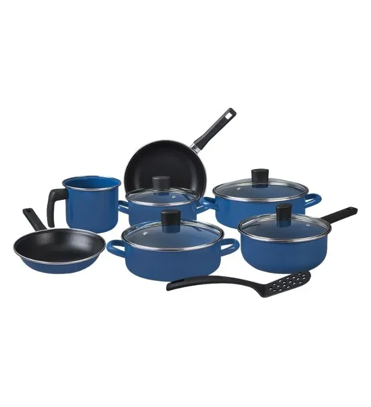 Batería Cinsa Austria 12 pzs Peltre Azul Real con sartenes y arroceras