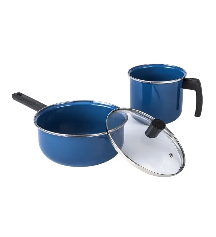 Batería Cinsa Austria 12 pzs Peltre Azul Real con sartenes y arroceras