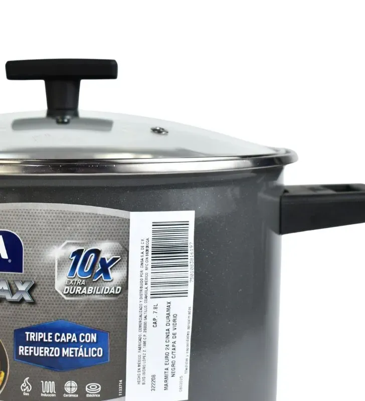 Olla Alta Duramax 24 cm – 7.8 L Cinsa | Duramax + Tapa de Vidrio
