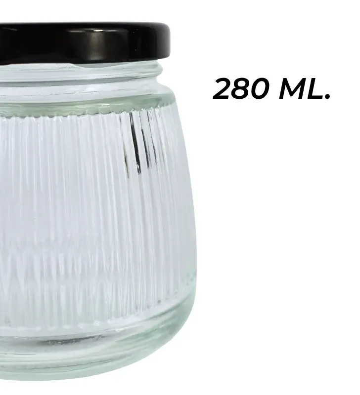 Brocal de vidrio 280 ml tapa negra rayado – Práctico y decorativo