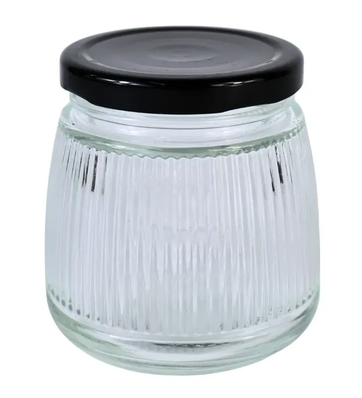 Brocal de vidrio 280 ml tapa negra rayado – Práctico y decorativo