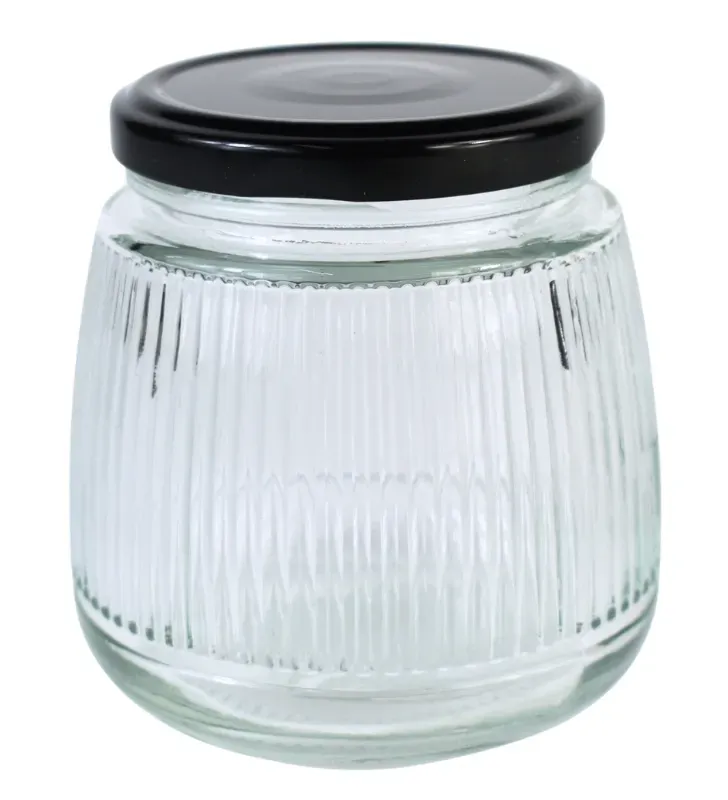 Brocal de vidrio 380 ml tapa negra rayado – Diseño moderno y funcional