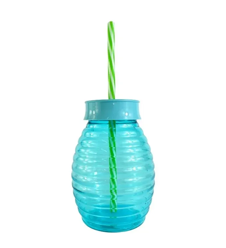 BOTELLA AZUL TRANSPARENTE, CON TAPA Y POPOTE