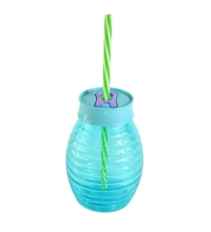 BOTELLA AZUL TRANSPARENTE, CON TAPA Y POPOTE
