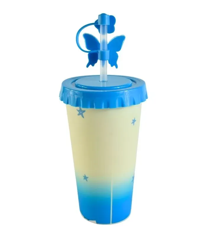 Vaso con Tapa y Popote Diseño Flamingo – Azul y Rosa