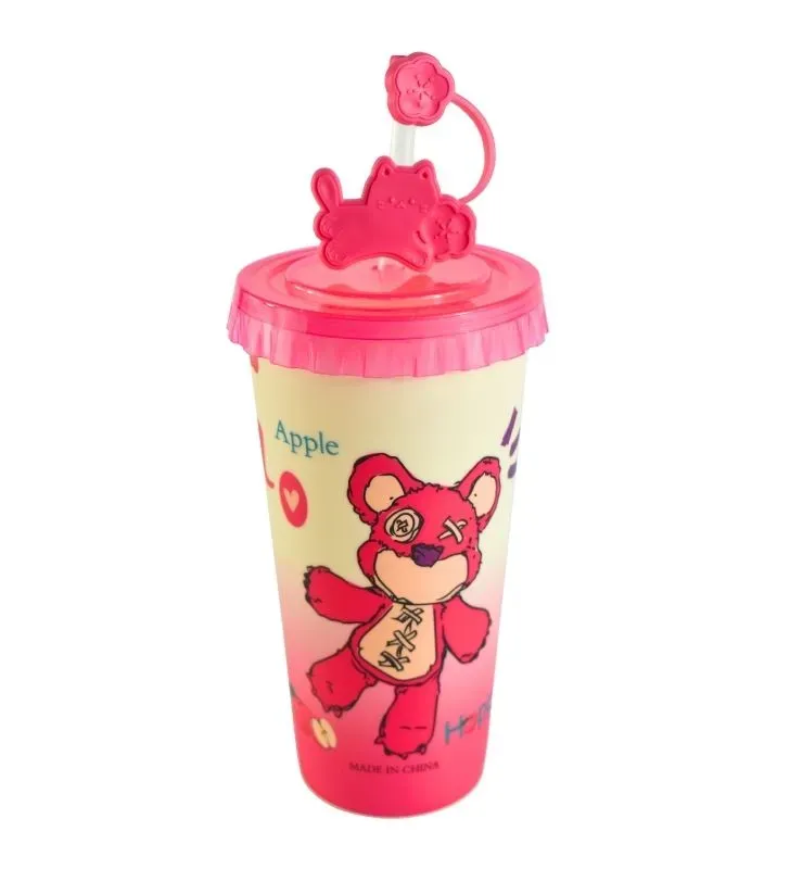 Vaso Rosa con Tapa y Popote – Diseño Oso