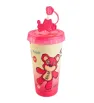 Vaso Rosa con Tapa y Popote – Diseño Oso
