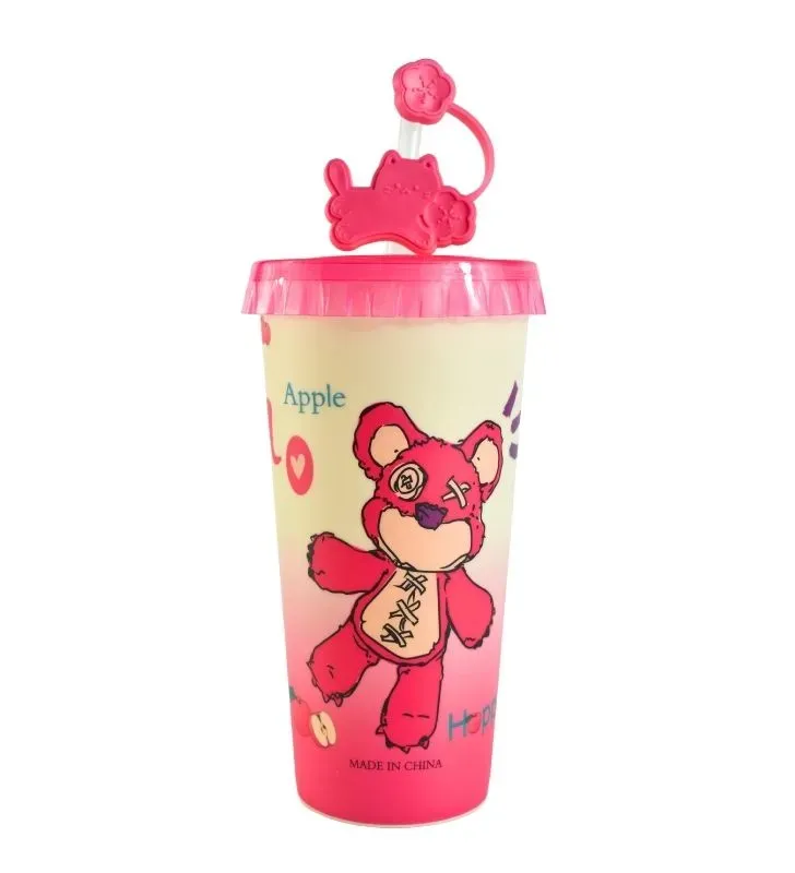 Vaso Rosa con Tapa y Popote – Diseño Oso