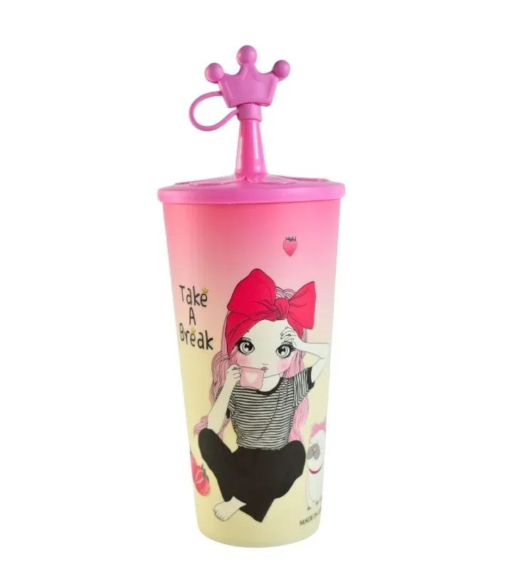 Vaso Rosa con Tapa y Popote – Diseño Corona de Plástico