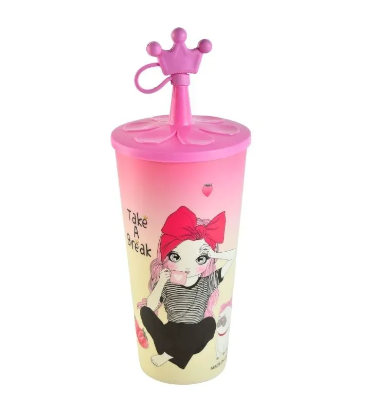 Vaso Rosa con Tapa y Popote – Diseño Corona de Plástico