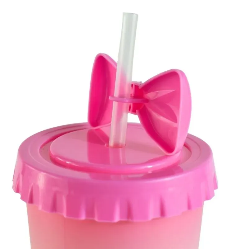 Vaso Azul y Rosado con Tapa y Popote – Diseño Moño