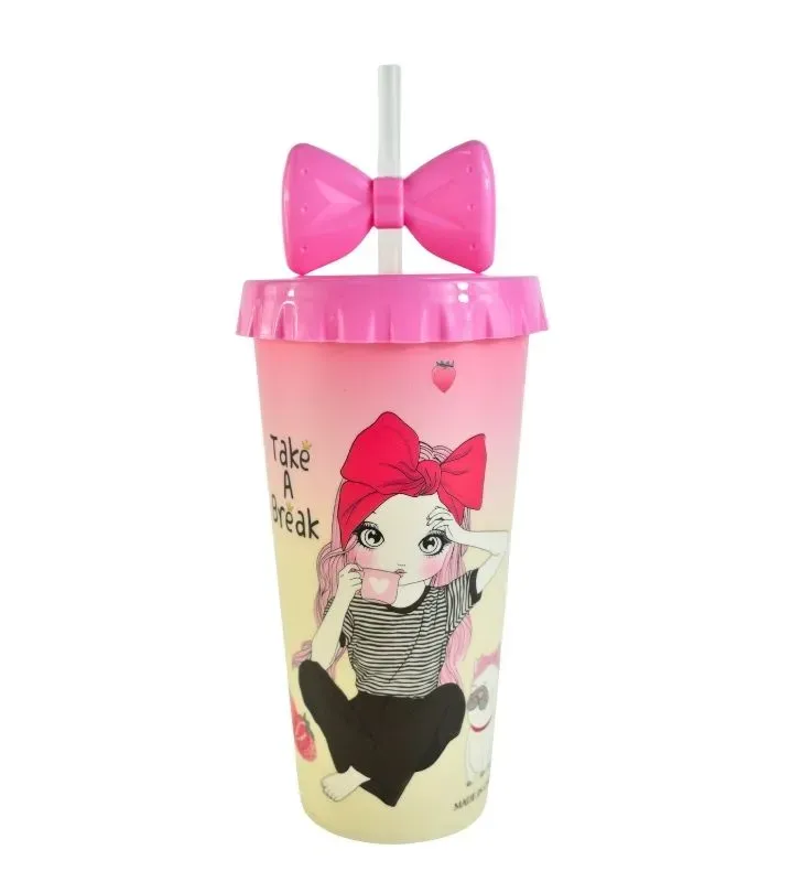 Vaso Azul y Rosado con Tapa y Popote – Diseño Moño