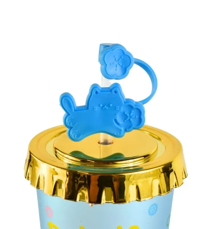 Vaso con Tapa Dorada y Popote – Diseño Gato