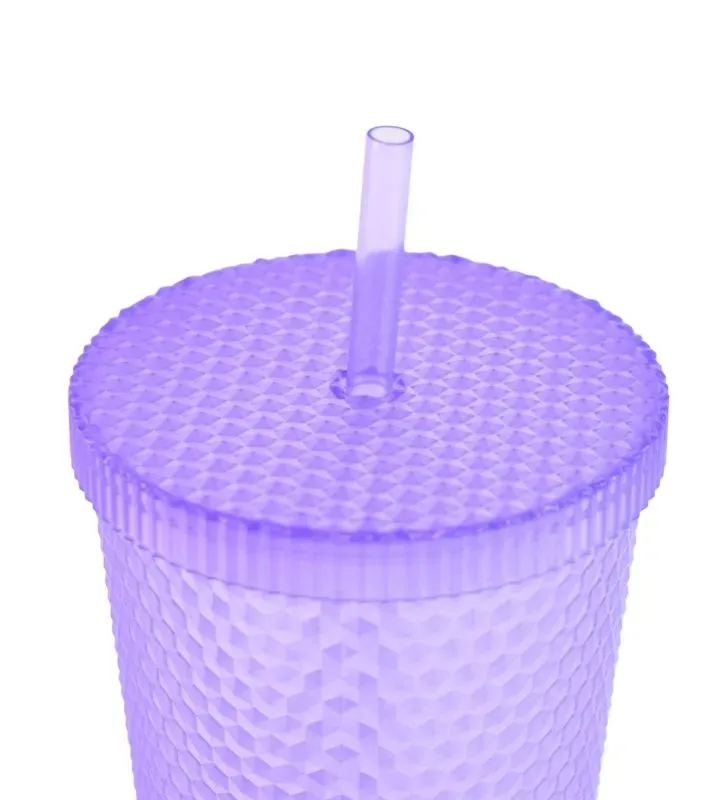 Vaso Morado Grande con Popote – Diseño Diamante