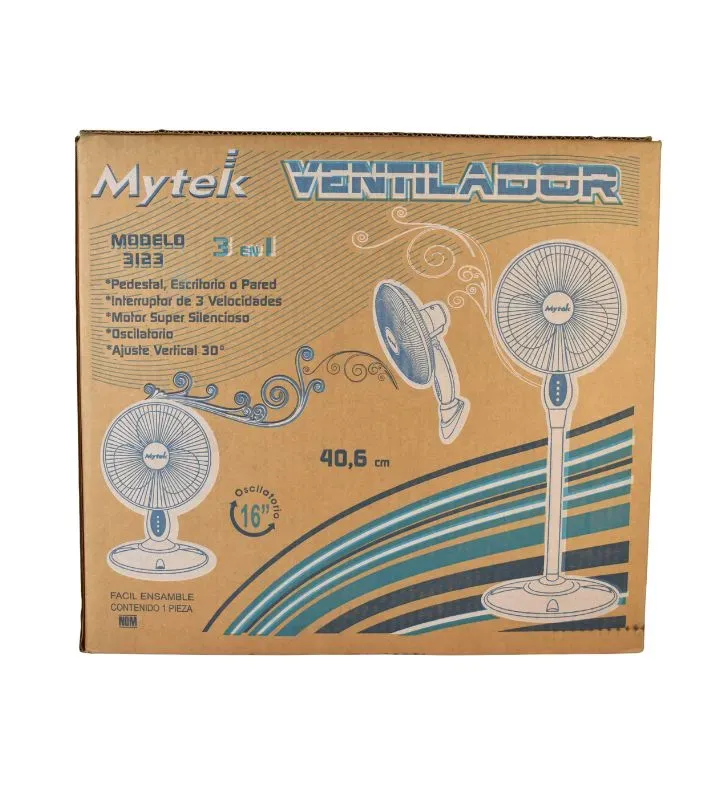 Ventilador 16" 3 en 1 Mytek 3123G1 – Pedestal, Escritorio y Pared