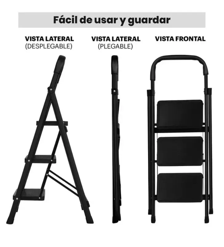 Escalera plegable ADIR 3 peldaños – Negro antideslizante y segura