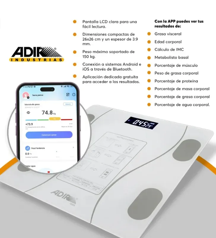 Báscula ADIR 10505 150 kg Bluetooth Plataforma de Cristal 26 cm