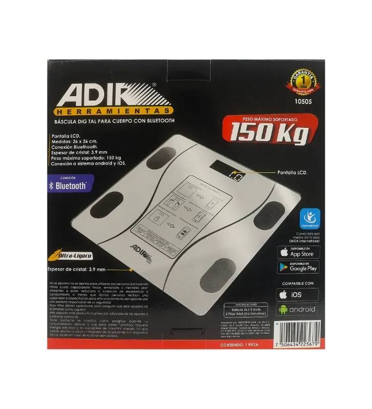 Báscula ADIR 10505 150 kg Bluetooth Plataforma de Cristal 26 cm