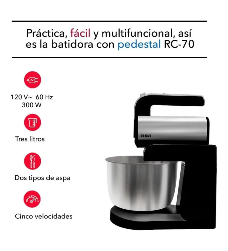 Batidora de Mano con Pedestal RCA RC-70 – 300 W, 5 Velocidades, Tazón de 3 L, Cabezal Inclinable