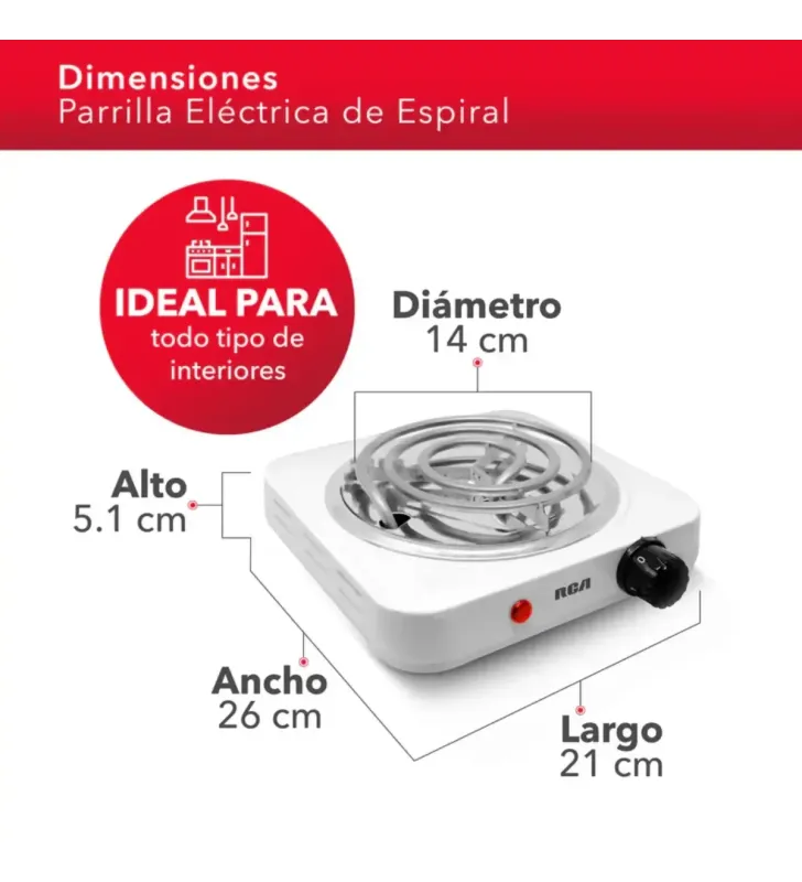 Parrilla Eléctrica de Espiral RCA RC1000A – 1000 W, 16 cm, Control de Temperatura Ajustable
