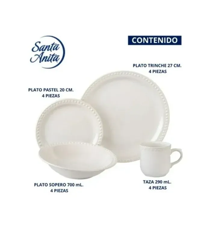 Vajilla Mauve NCS Blanca - 16 Piezas en Cerámica Resistente para Microondas