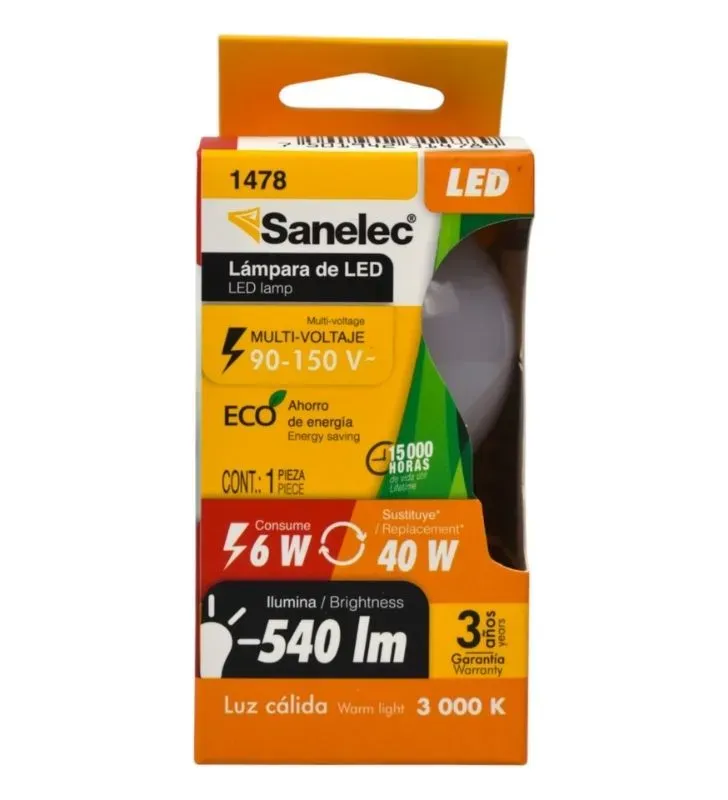 Foco LED Sanelec 1478 – 6W Luz Cálida | Ahorro y Confort